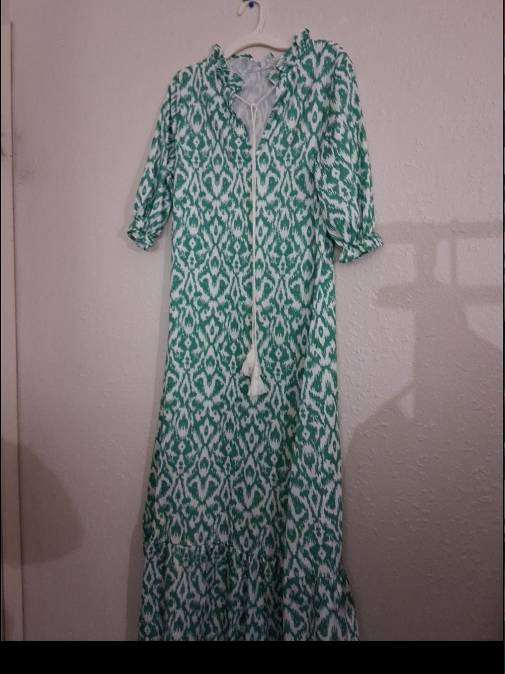 Green Ikat Maxi Dress with Tassel Tie